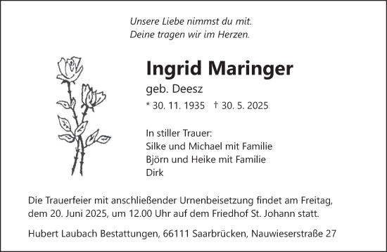 Traueranzeige von Ingrid Maringer von saarbruecker_zeitung