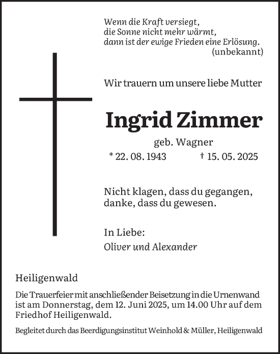 Traueranzeige von Ingrid Zimmer von saarbruecker_zeitung