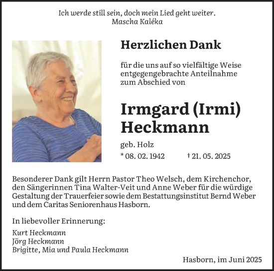Traueranzeige von Irmgard Heckmann von saarbruecker_zeitung