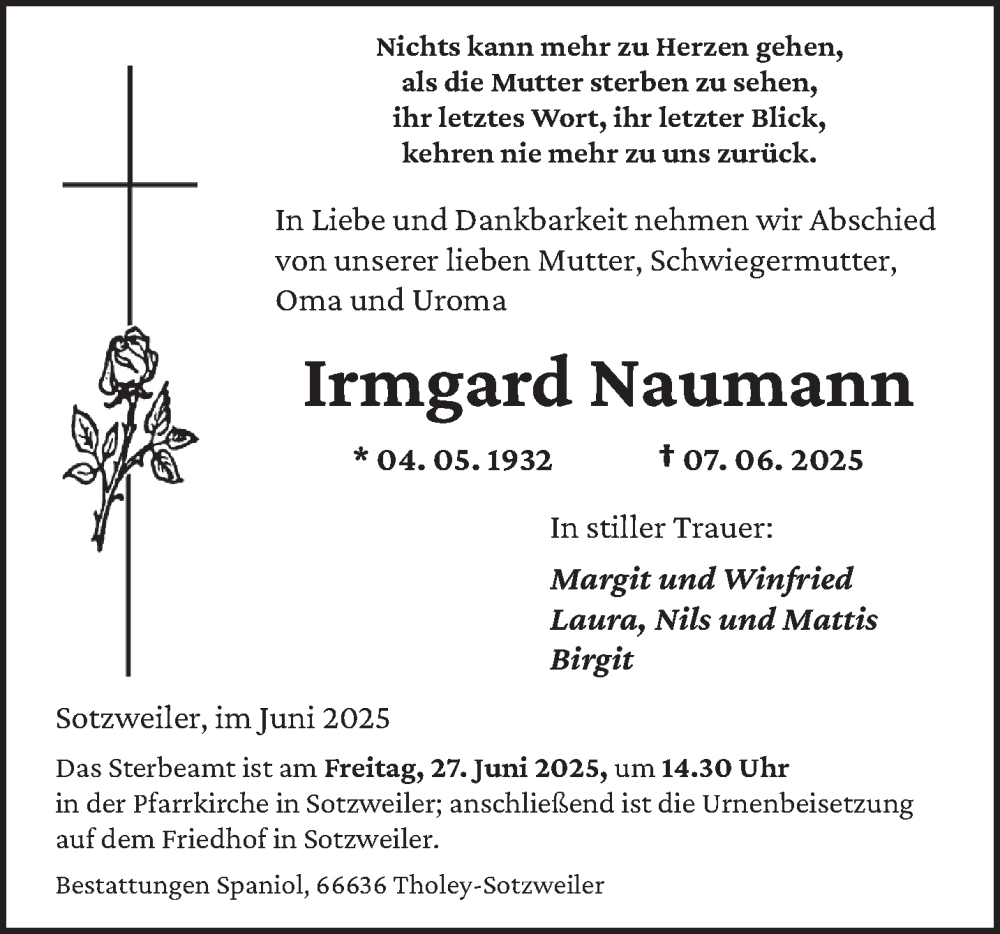  Traueranzeige für Irmgard Naumann vom 21.06.2025 aus saarbruecker_zeitung