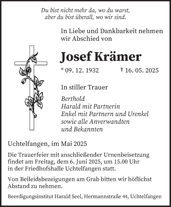 Traueranzeige von Josef Krämer von saarbruecker_zeitung