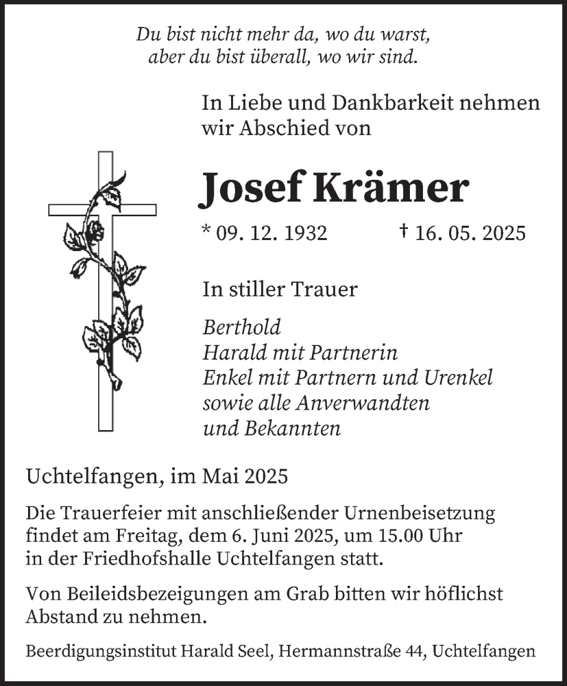  Traueranzeige für Josef Krämer vom 31.05.2025 aus saarbruecker_zeitung