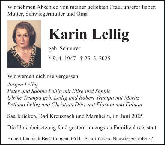 Traueranzeige von Karin Lellig von saarbruecker_zeitung