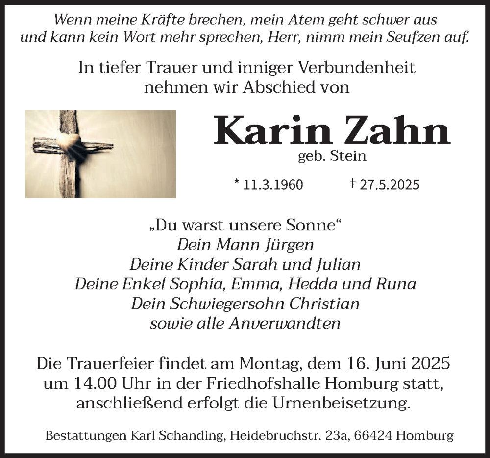  Traueranzeige für Karin Zahn vom 07.06.2025 aus saarbruecker_zeitung