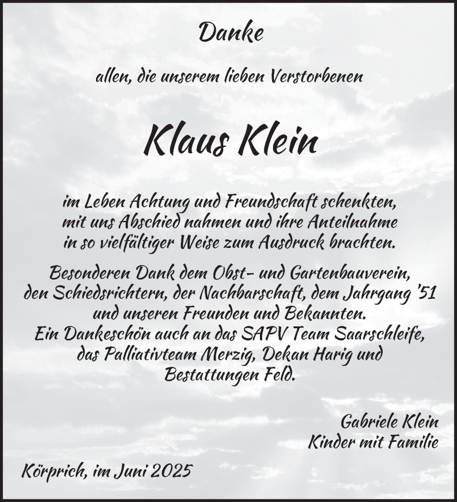  Traueranzeige für Klaus Klein vom 14.06.2025 aus saarbruecker_zeitung