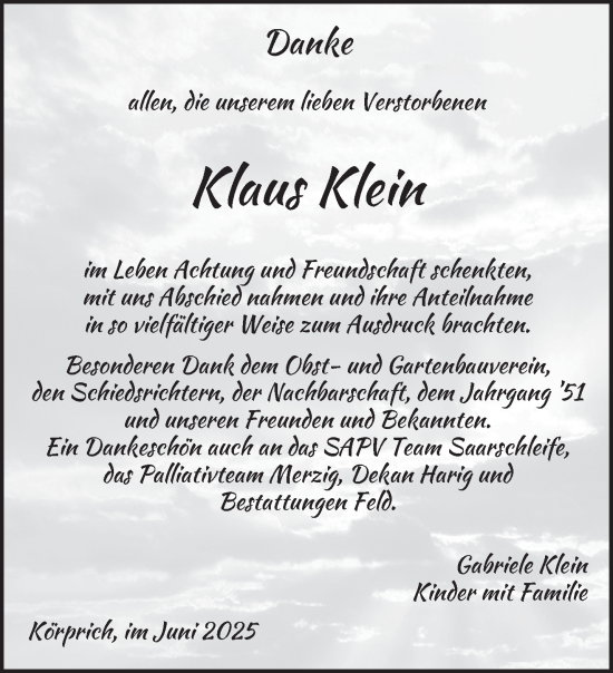 Traueranzeige von Klaus Klein von saarbruecker_zeitung