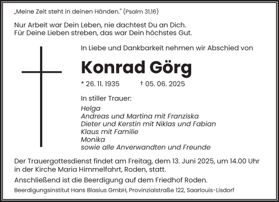 Traueranzeige von Konrad Görg von saarbruecker_zeitung