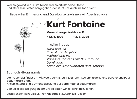 Traueranzeige von Kurt Fontaine von saarbruecker_zeitung