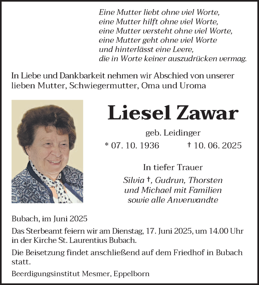  Traueranzeige für Liesel Zawar vom 14.06.2025 aus saarbruecker_zeitung