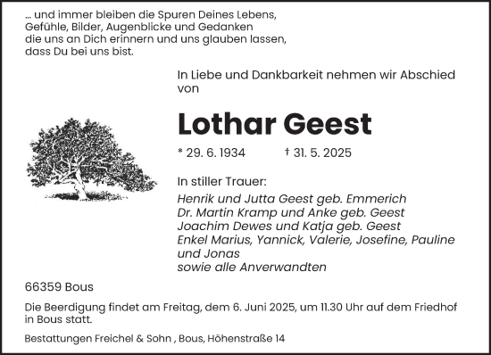 Traueranzeige von Lothar Geest von saarbruecker_zeitung