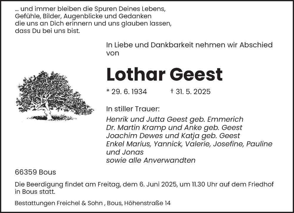  Traueranzeige für Lothar Geest vom 04.06.2025 aus saarbruecker_zeitung