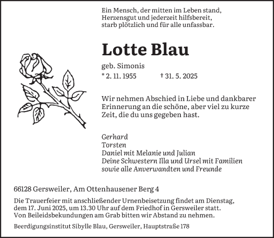 Traueranzeige von Lotte Blau von saarbruecker_zeitung