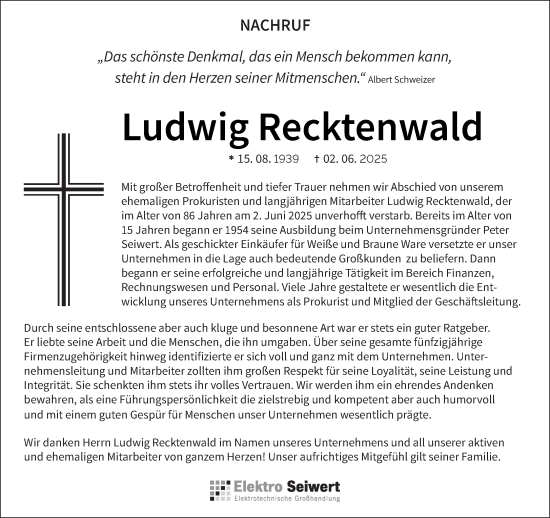 Traueranzeige von Ludwig Recktenwald von saarbruecker_zeitung
