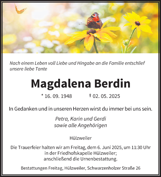Traueranzeige von Magdalena Berdin von saarbruecker_zeitung