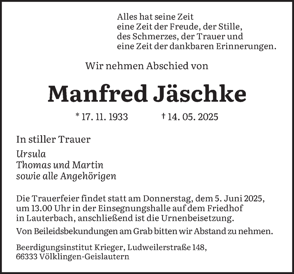  Traueranzeige für Manfred Jäschke vom 31.05.2025 aus saarbruecker_zeitung