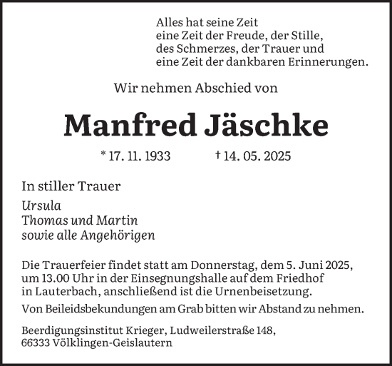 Traueranzeige von Manfred Jäschke von saarbruecker_zeitung