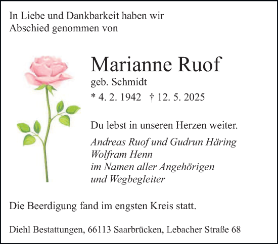 Traueranzeige von Marianne Ruof von saarbruecker_zeitung