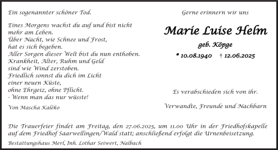 Traueranzeige von Marie Luise Helm von saarbruecker_zeitung