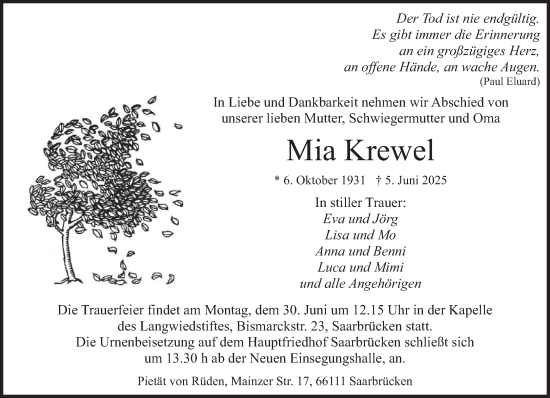 Traueranzeige von Mia Krewel von saarbruecker_zeitung