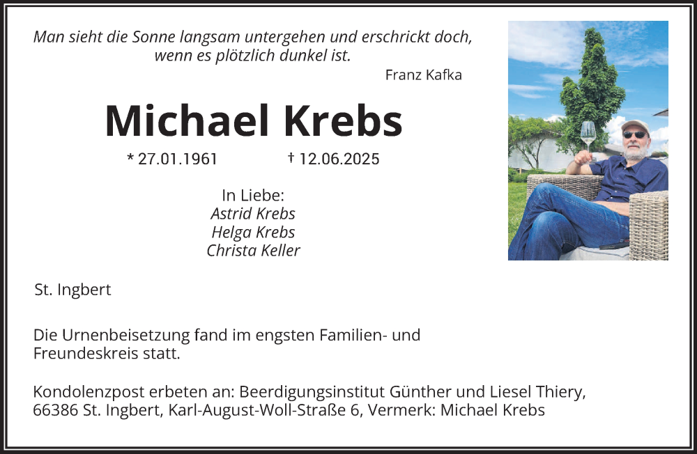  Traueranzeige für Michael Krebs vom 21.06.2025 aus saarbruecker_zeitung