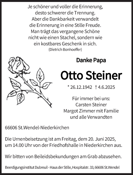Traueranzeige von Otto Steiner von saarbruecker_zeitung