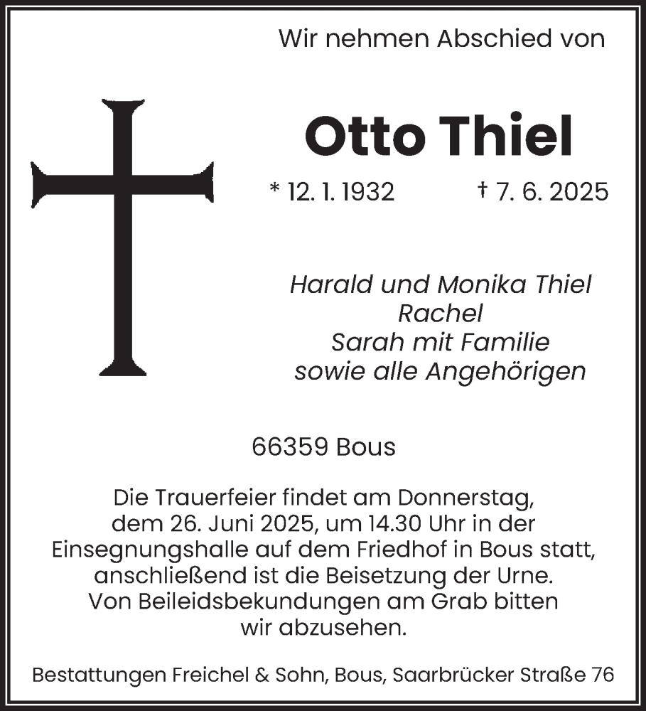  Traueranzeige für Otto Thiel vom 21.06.2025 aus saarbruecker_zeitung