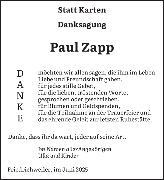 Traueranzeige von Paul Zapp von saarbruecker_zeitung