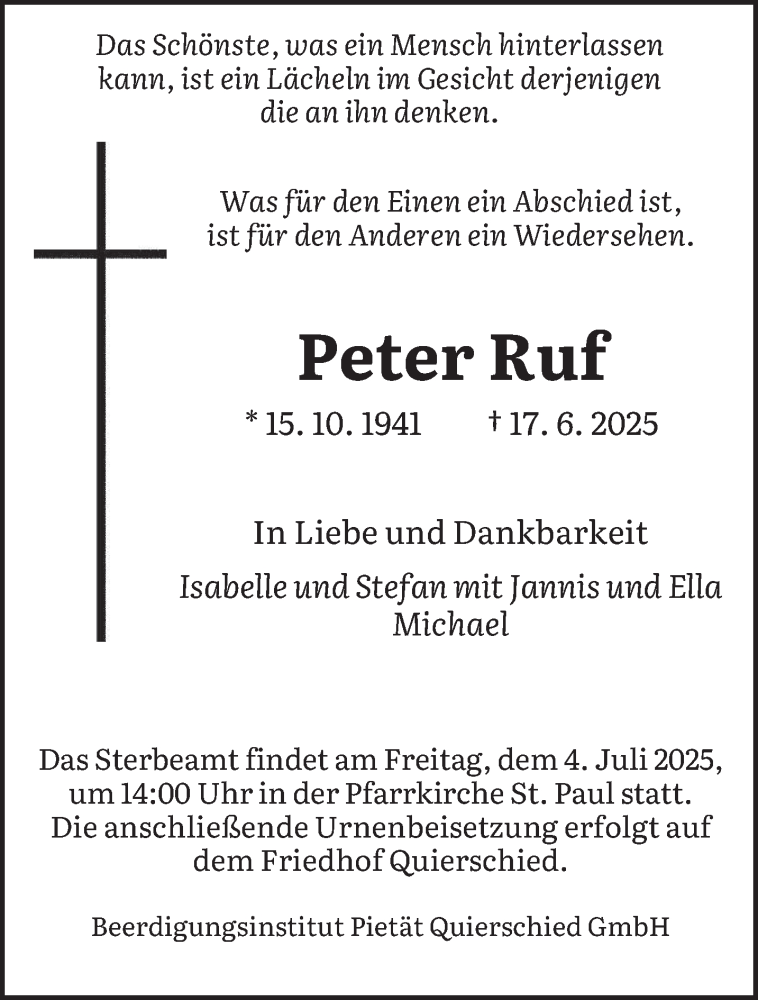  Traueranzeige für Peter Ruf vom 28.06.2025 aus saarbruecker_zeitung