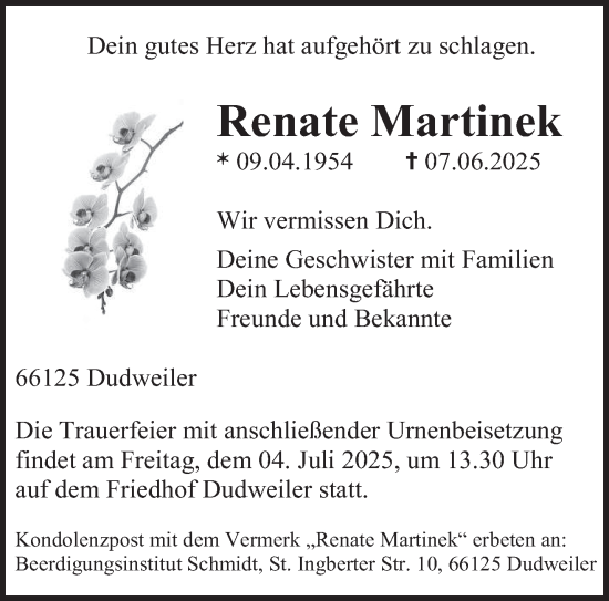 Traueranzeige von Renate Martinek von saarbruecker_zeitung