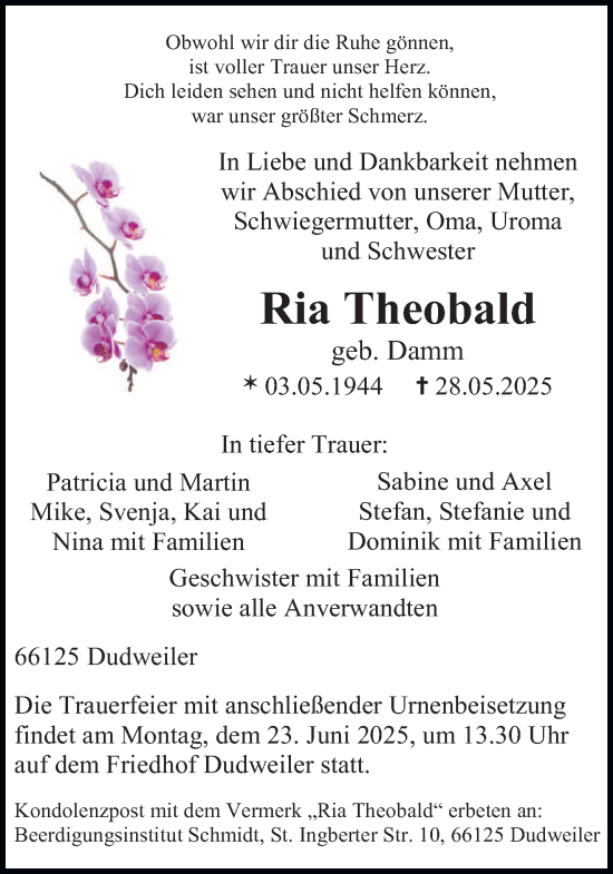 Traueranzeige von Ria Theobald von saarbruecker_zeitung