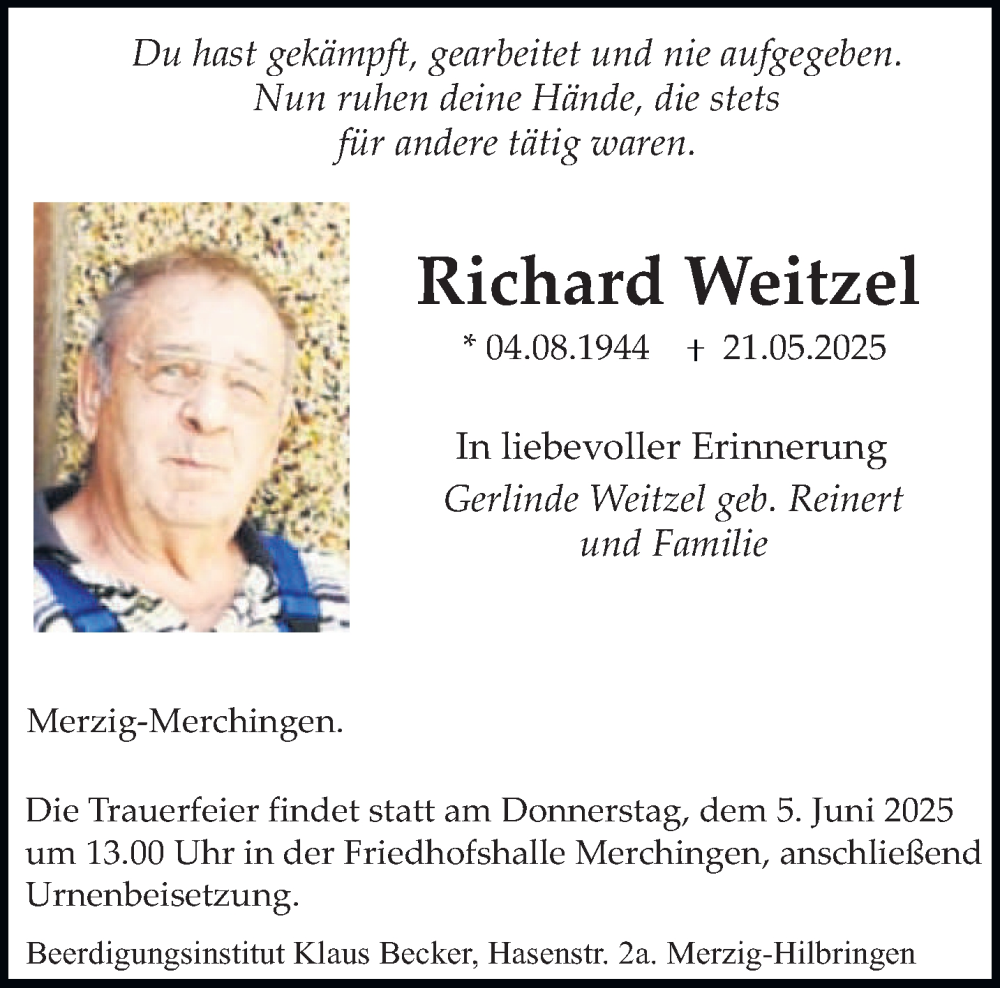  Traueranzeige für Richard Weitzel vom 31.05.2025 aus saarbruecker_zeitung