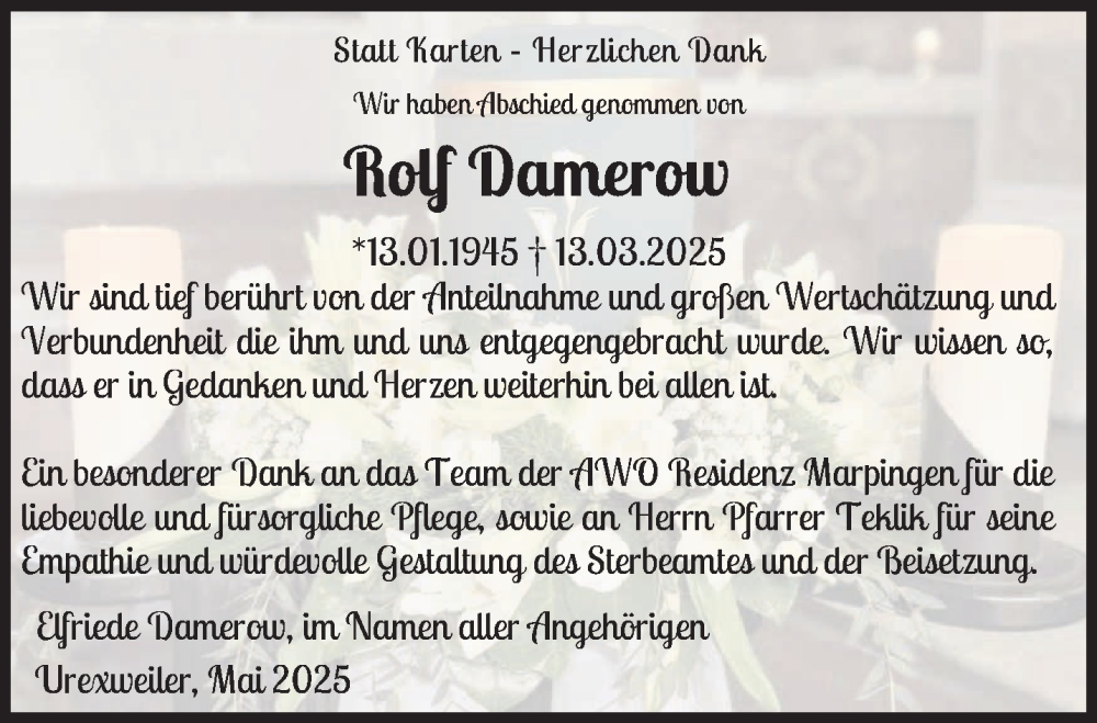  Traueranzeige für Rolf Damerow vom 31.05.2025 aus saarbruecker_zeitung