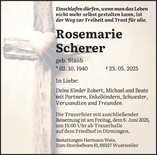 Traueranzeige von Rosemarie Scherer von saarbruecker_zeitung
