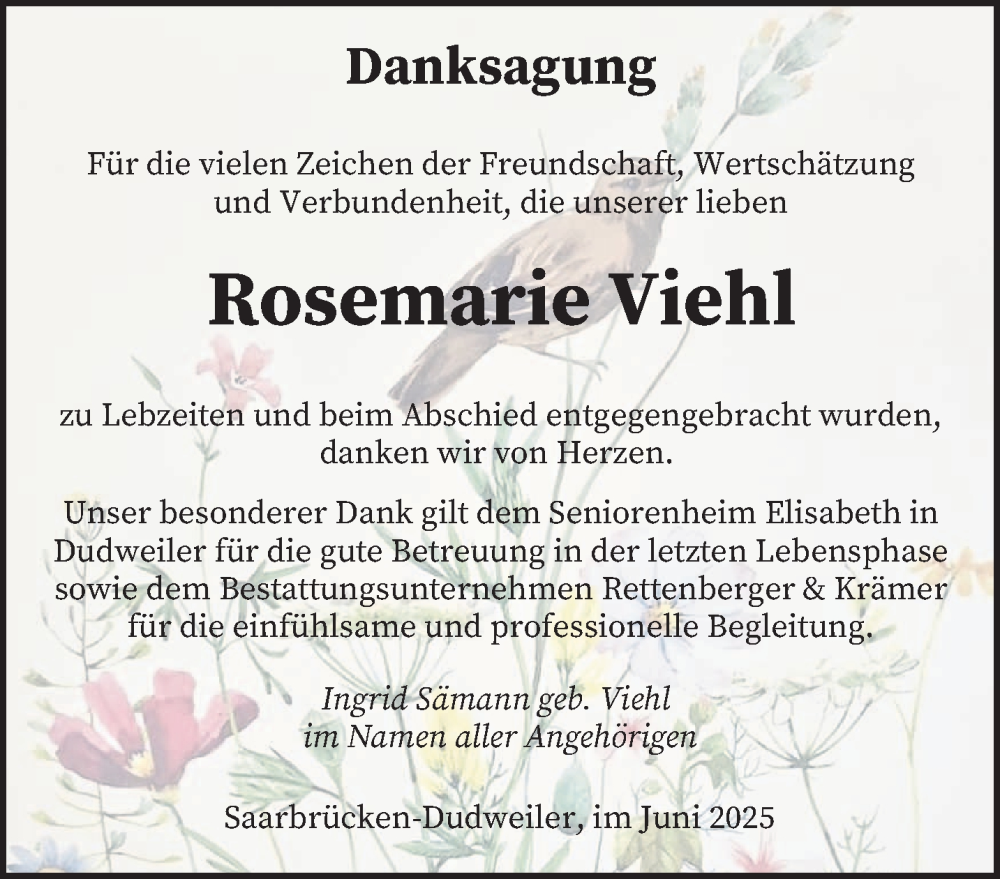  Traueranzeige für Rosemarie Viehl vom 07.06.2025 aus saarbruecker_zeitung