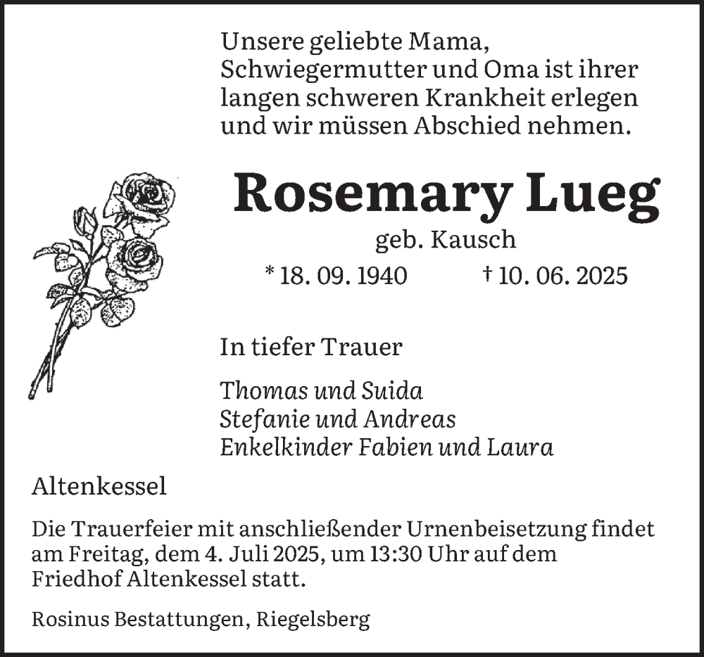  Traueranzeige für Rosemary Lueg vom 28.06.2025 aus saarbruecker_zeitung