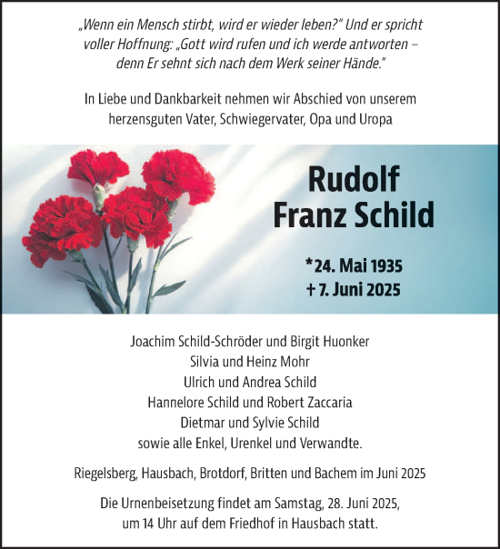 Traueranzeige von Rudolf Franz Schild von saarbruecker_zeitung