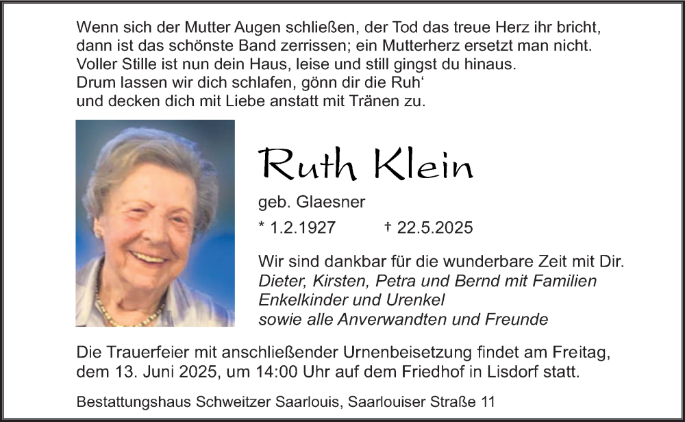  Traueranzeige für Ruth Klein vom 31.05.2025 aus saarbruecker_zeitung