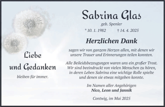 Traueranzeige von Sabrina Glas von saarbruecker_zeitung