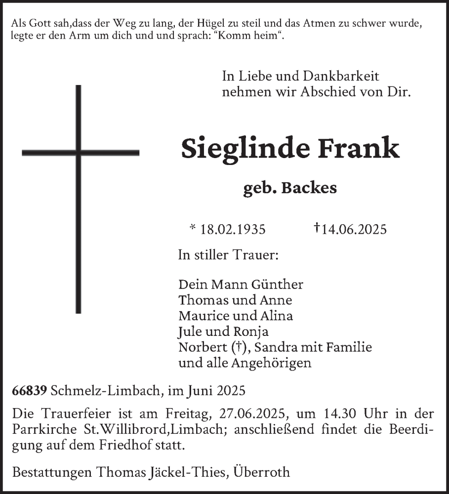  Traueranzeige für Sieglinde Frank vom 26.06.2025 aus saarbruecker_zeitung