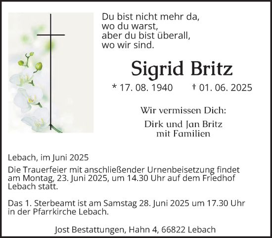 Traueranzeige von Sigrid Britz von saarbruecker_zeitung