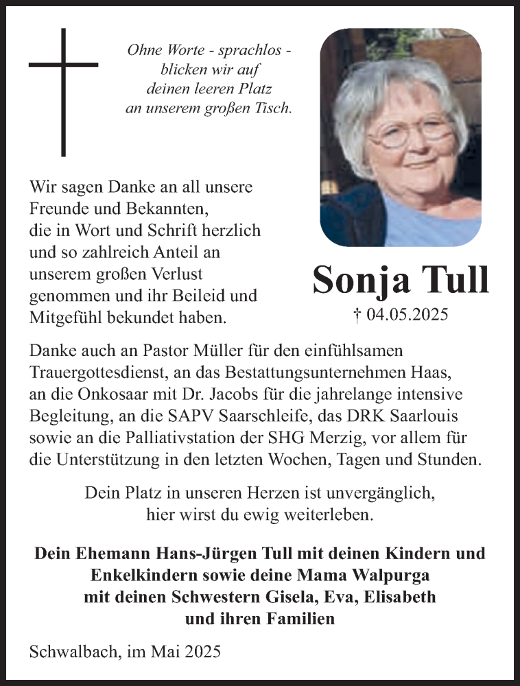  Traueranzeige für Sonja Tull vom 07.06.2025 aus saarbruecker_zeitung