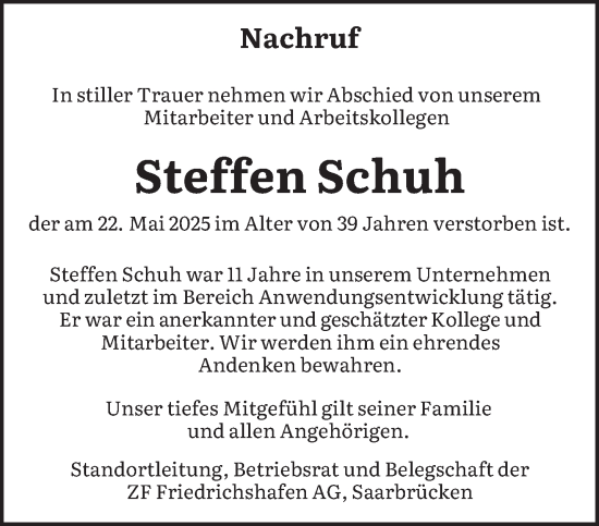 Traueranzeige von Steffen Schuh von saarbruecker_zeitung