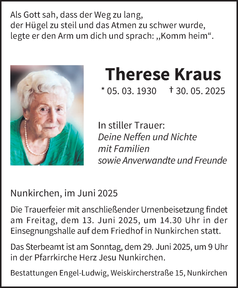  Traueranzeige für Therese Kraus vom 07.06.2025 aus saarbruecker_zeitung