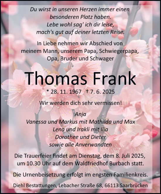 Traueranzeige von Thomas Frank von saarbruecker_zeitung