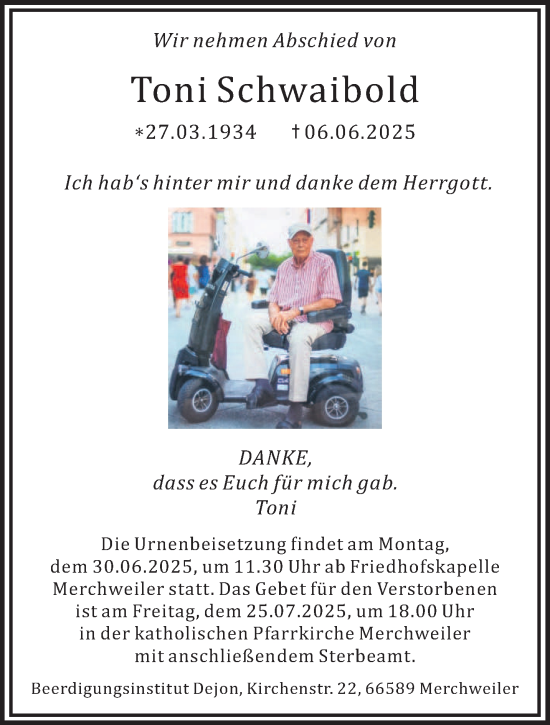 Traueranzeige von Toni Schwaibold von saarbruecker_zeitung