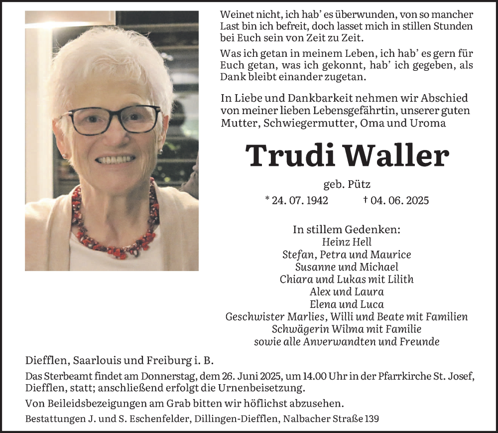  Traueranzeige für Trudi Waller vom 21.06.2025 aus saarbruecker_zeitung