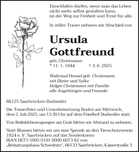 Traueranzeige von Ursula Gottfreund von saarbruecker_zeitung