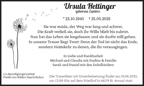 Traueranzeige von Ursula Hettinger von saarbruecker_zeitung