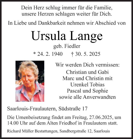 Traueranzeige von Ursula Lange von saarbruecker_zeitung
