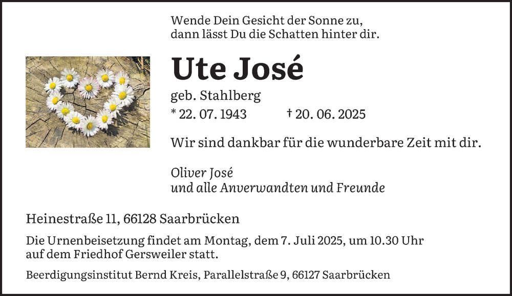  Traueranzeige für Ute Jose vom 28.06.2025 aus saarbruecker_zeitung
